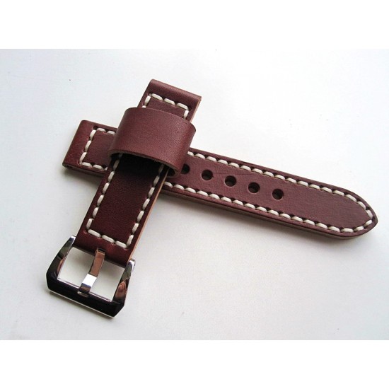 HNS 22MM Handmade Italian Dark Tan Calf Strap With Handed White Sewn PRE-V Polished Buckle