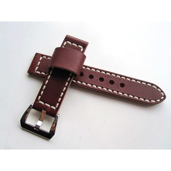HNS 24MM Handmade Italian Dark Tan Calf Strap With Handed White Sewn PRE-V Polished Buckle