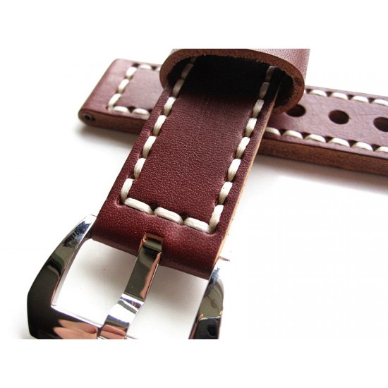HNS 24MM Handmade Italian Dark Tan Calf Strap With Handed White Sewn PRE-V Polished Buckle