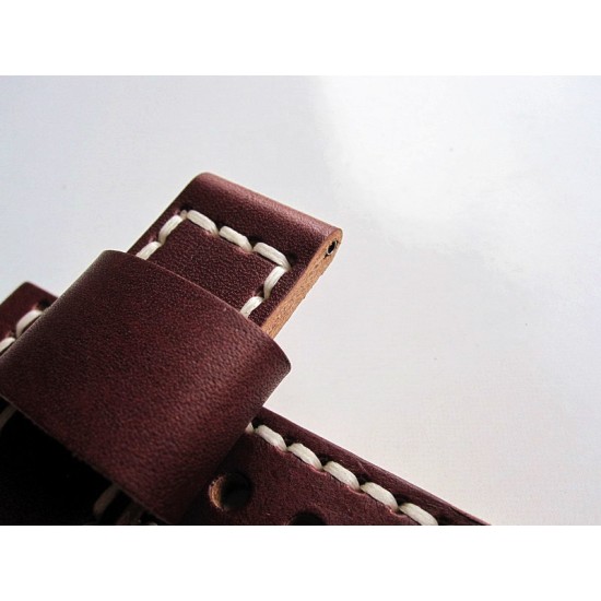HNS 24MM Handmade Italian Dark Tan Calf Strap With Handed White Sewn PRE-V Polished Buckle