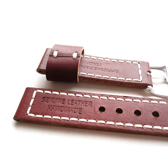 HNS 24MM Handmade Italian Dark Tan Calf Strap With Handed White Sewn PRE-V Polished Buckle