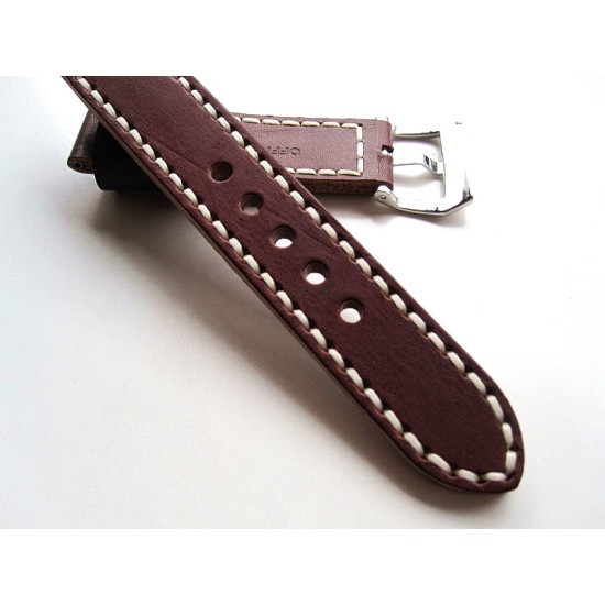HNS 24MM Handmade Italian Dark Tan Calf Strap With Handed White Sewn PRE-V Polished Buckle