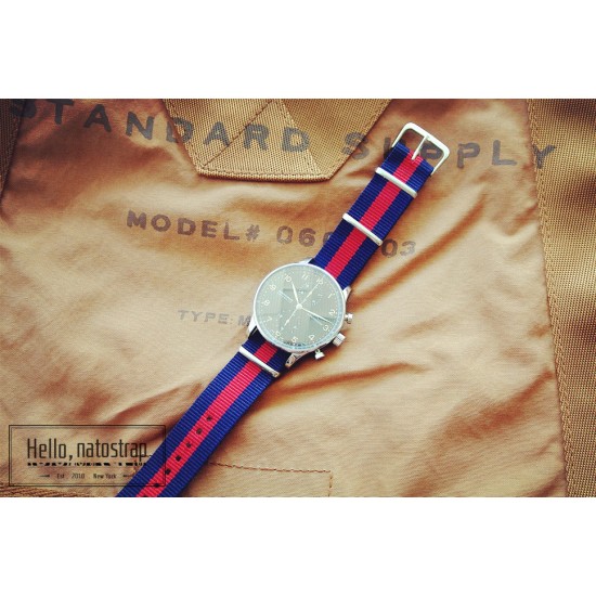 HNS Navy & Red Strip Heavy Duty Ballistic Nylon Watch Strap With Polished Stainless Steel Buckle