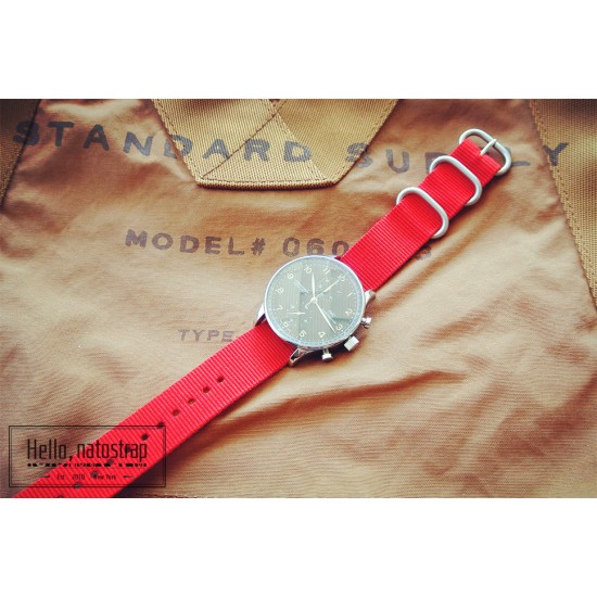 HNS Red Heavy Duty Ballistic Nylon Watch Strap with 3 Matt Stainless Steel Rings
