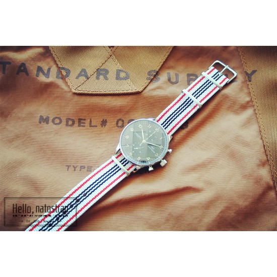 HNS Beige Red Black White Strip Heavy Duty Ballistic Nylon Watch Strap With Polished Stainless Steel Buckle