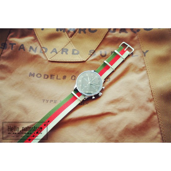HNS Olive & Red &  Khaki Strip Heavy Duty Ballistic Nylon Watch Strap With Polished Stainless Steel Buckle