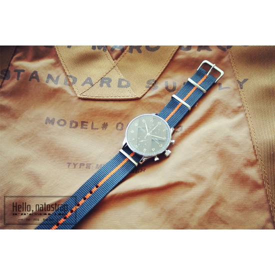 HNS Dark Grey & Orange Strip Heavy Duty Ballistic Nylon Watch Strap With Polished Stainless Steel Buckle