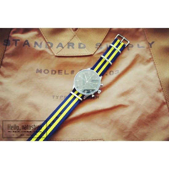 HNS Navy & Yellow Strip Heavy Duty Ballistic Nylon Watch Strap With Polished Stainless Steel Buckle