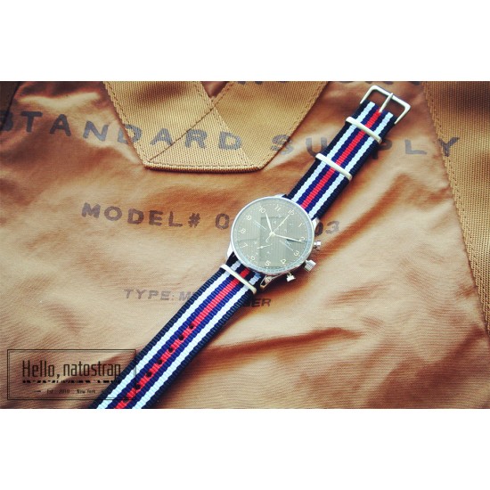 HNS Black & White & Navy & Red Strip Heavy Duty Ballistic Nylon Watch Strap With Polished Stainless Steel Buckle
