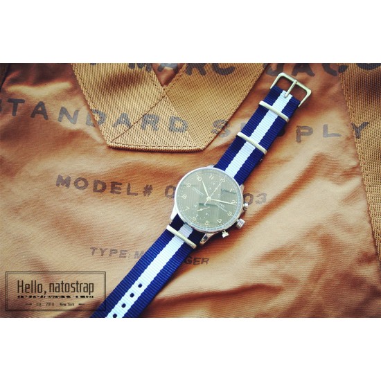 HNS Navy & White Strip Heavy Duty Ballistic Nylon Watch Strap With Polished Stainless Steel Buckle