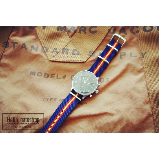 HNS Navy & Red & Yellow Strip Heavy Duty Ballistic Nylon Watch Strap With Polished Stainless Steel Buckle