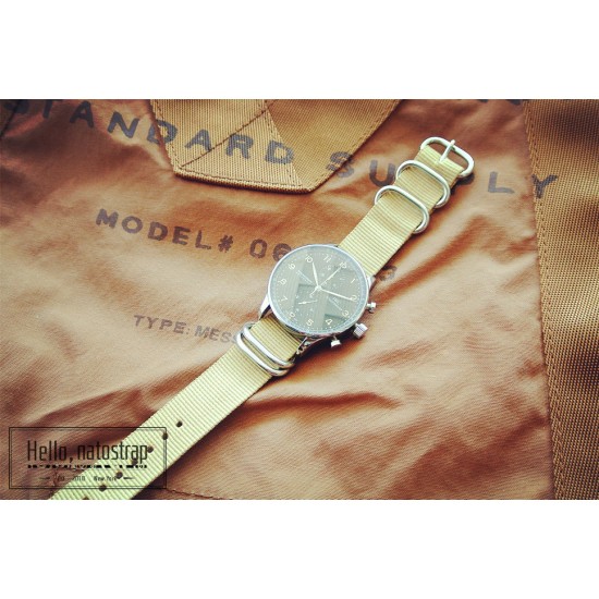 HNS Khaki Heavy Duty Ballistic Nylon Watch Strap With 5 Polished Stainless Steel Rings