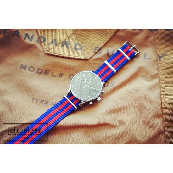 HNS Blue & Red Strip Heavy Duty Ballistic Nylon Watch Strap With Polished Stainless Steel Buckle
