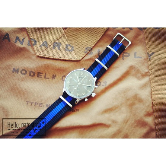 HNS Black & Blue Strip Heavy Duty Ballistic Nylon Watch Strap With Polished Stainless Steel Buckle