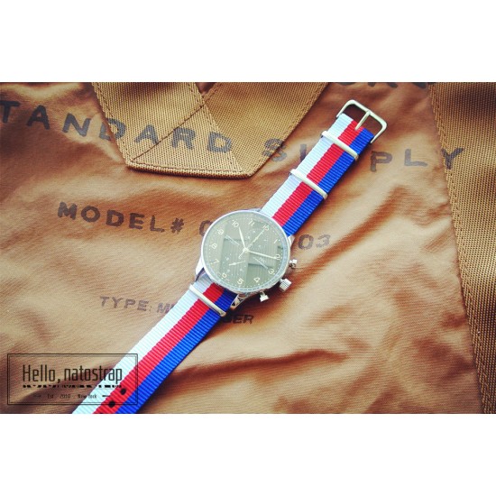 HNS Blue & Red & White Strip Heavy Duty Ballistic Nylon Watch Strap With Polished Stainless Steel Buckle