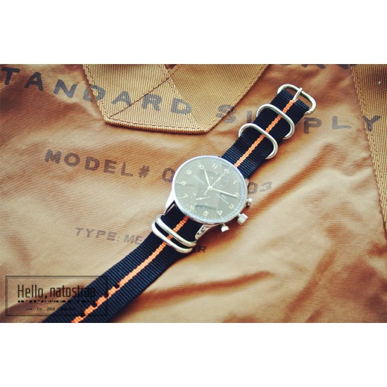 HNS Black & Orange Strip Heavy Duty Ballistic Nylon Watch Strap With 5 Polished Stainless Steel Rings