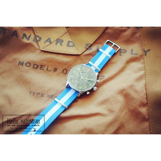 HNS Argentina Flag Light Blue & White Strip Heavy Duty Ballistic Nylon Watch Strap With Polished Stainless Steel Buckle