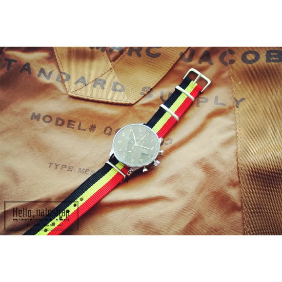 HNS Belgium Flag Red Yellow Black Strip Heavy Duty Ballistic Nylon Watch Strap With Polished Stainless Steel Buckle