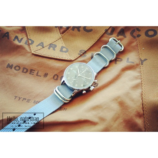 HNS Grey Heavy  Duty Ballistic Nylon Watch Strap With 5 Polished Stainless Steel Rings