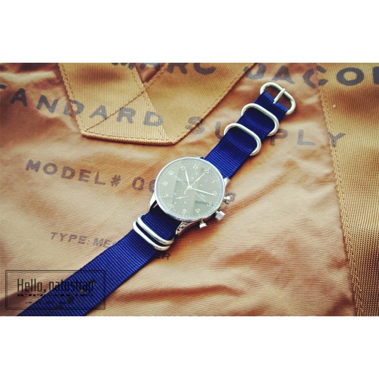 HNS Navy Blue Heavry Duty Ballistic Nylon Watch Strap With 5 Polished Stainless Steel Rings