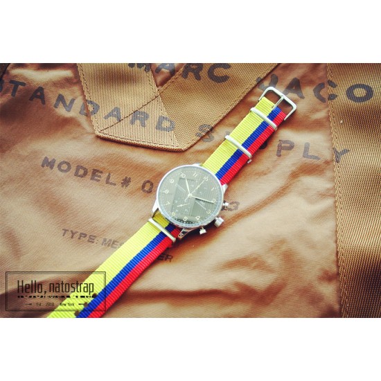 HNS Colombia Flag Yellow Blue Red Strip Heavy Duty Ballistic Nylon Watch Strap With Polished Stainless Steel Buckle