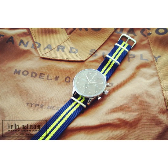 HNS Navy & Yellow Strip Heavy Duty Ballistic Nylon Watch Strap With Polished Stainless Steel Buckle