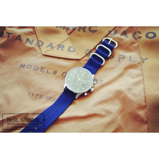 HNS Navy Blue Heavy Duty Ballistic Nylon Watch Strap with 3 Matt Stainless Steel Rings