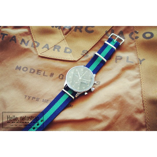 HNS Navy Blue & Green Strip Heavy Duty Ballistic Nylon Watch Strap With Polished Stainless Steel Buckle