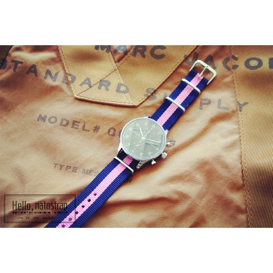 HNS Navy Blue & Pink Strip Heavy Duty Ballistic Nylon Watch Strap With Polished Stainless Steel Buckle