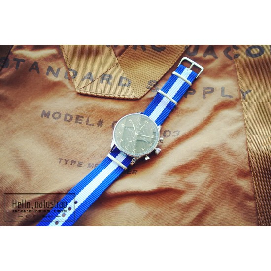 HNS Blue & White Strip Heavy Duty Ballistic Nylon Watch Strap With Polished Stainless Steel Buckle