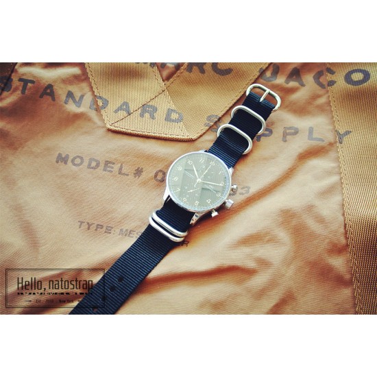 HNS Black Heavy  Duty Ballistic Nylon Watch Strap With 5 Polished Stainless Steel Rings