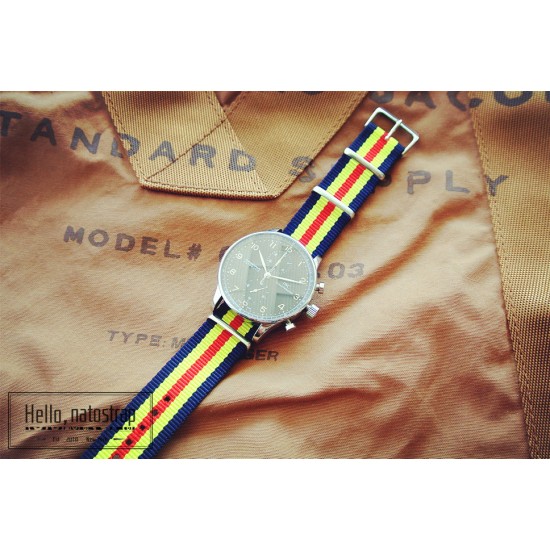 HNS Navy & Yellow & Red Strip Heavy Duty Ballistic Nylon Watch Strap With Polished Stainless Steel Buckle