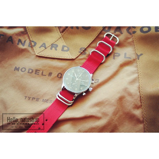 HNS Red Heavy Duty Ballistic Nylon Watch Strap With 5 Polished Stainless Steel Rings