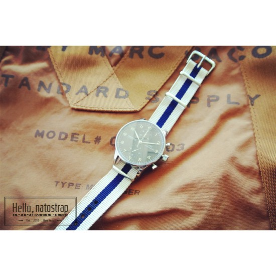HNS Beige & Navy Strip Heavy Duty Ballistic Nylon Watch Strap With Polished Stainless Steel Buckle
