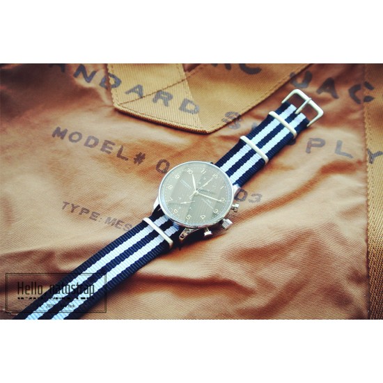 HNS Black & White Strip Heavy Duty Ballistic Nylon Watch Strap With Polished Stainless Steel Buckle