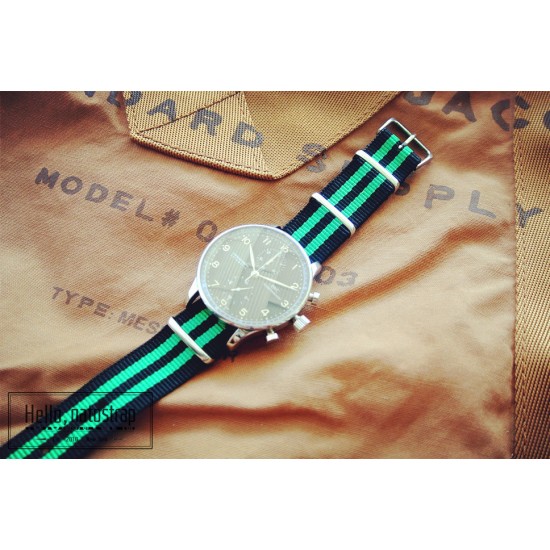 HNS Black & Green Strip Heavy Duty Ballistic Nylon Watch Strap With Polished Stainless Steel Buckle
