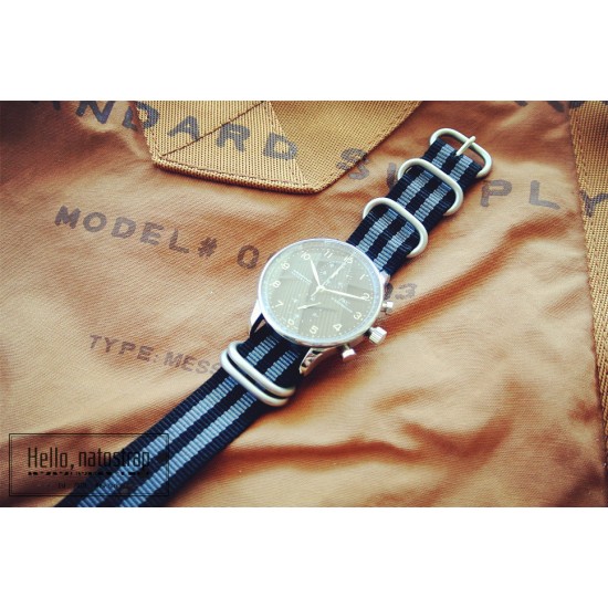 HNS Bond Black & Grey Heavy Duty Ballistic Nylon Watch Strap with 5 Matt Stainless Steel Rings