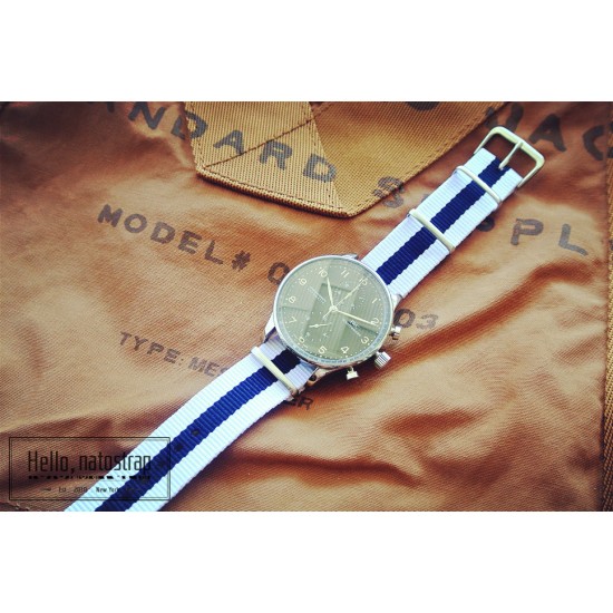 HNS White & Navy Blue Strip Heavy Duty Ballistic Nylon Watch Strap With Polished Stainless Steel Buckle