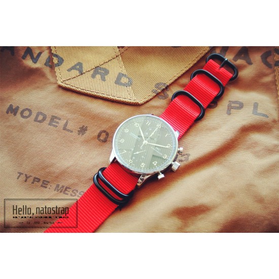 HNS Red Heavy Duty Ballistic Nylon Watch Strap With 5 PVD Coated Stainless Steel Rings