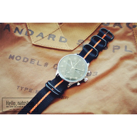 HNS Black & Orange Strip Heavy Duty Ballistic Nylon Watch Strap With 5 PVD Coated Stainless Steel Rings