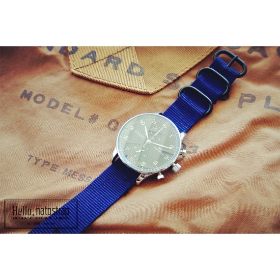 HNS Navy Blue Heavy Duty Ballistic Nylon Watch Strap With 3 PVD Coated Stainless Steel Rings
