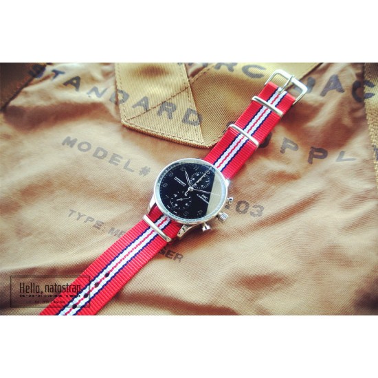 HNS Red Black White Red Strip Heavy Duty Ballistic Nylon Watch Strap With Polished Stainless Steel Buckle
