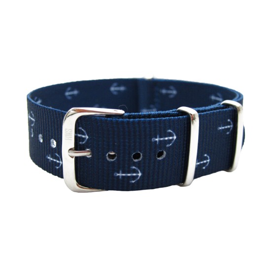 HNS Double Graphic Printed Anchors Navy BG Heavy Duty Ballistic Nylon Watch Strap With Polished Stainless Steel Buckle