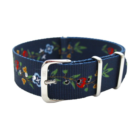 HNS Double Graphic Printed Flowers Navy BG Ballistic Nylon Watch Strap With Polished Stainless Steel Buckle