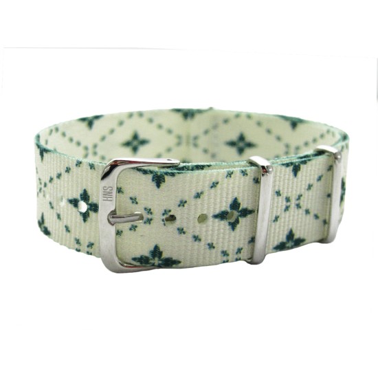 HNS Double Graphic Printed Green Leaf Ballistic Nylon Watch Strap With Polished Stainless Steel Buckle