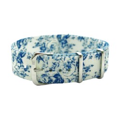 HNS Double Graphic Printed Blue Flowers White BG Ballistic Nylon Watch Strap With Polished Stainless Steel Buckle