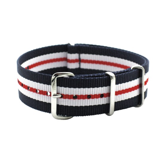HNS Navy White Red Stripe Heavy Duty Ballistic Nylon Watch Strap With Polished Stainless Steel Buckle