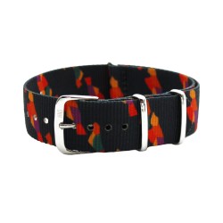 HNS Double Graphic Printed Abstract Birds Black BG  Nylon Watch Strap Polished Buckle