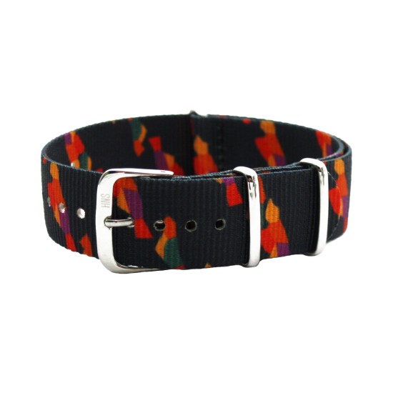 HNS Double Graphic Printed Abstract Birds Black BG  Nylon Watch Strap Polished Buckle