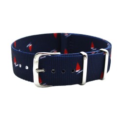 HNS Double Graphic Printed Sailboat Navy BG Nylon Watch Strap Polished Buckle